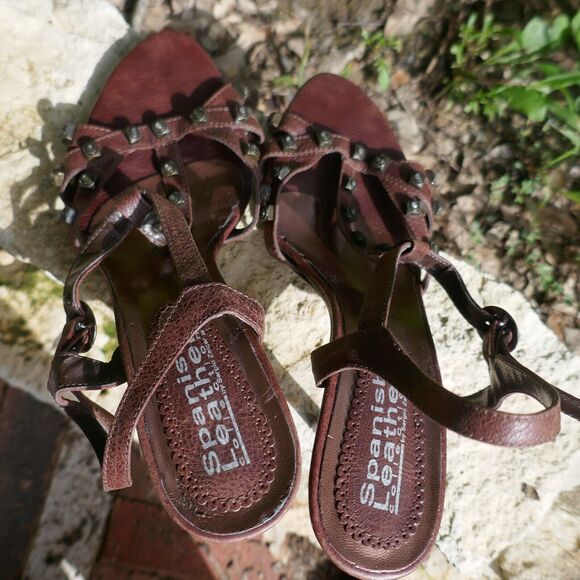 Sergio Zelcer Shoes Spanish Leather High Heeled Strappy Studded Brown Sandals 8 - Picture 7 of 11